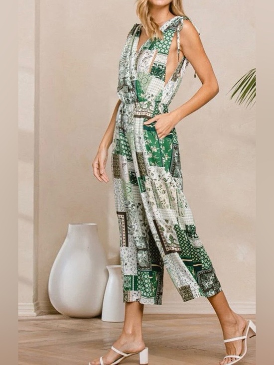 Pants - 0879.  Sleeveless Green Patchwork Jumpsuit
